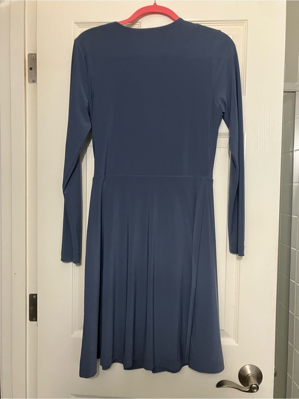 Slate Blue Long-Sleeve Faux-Wrap Dress with Chain Accent - Picture 2 of 3